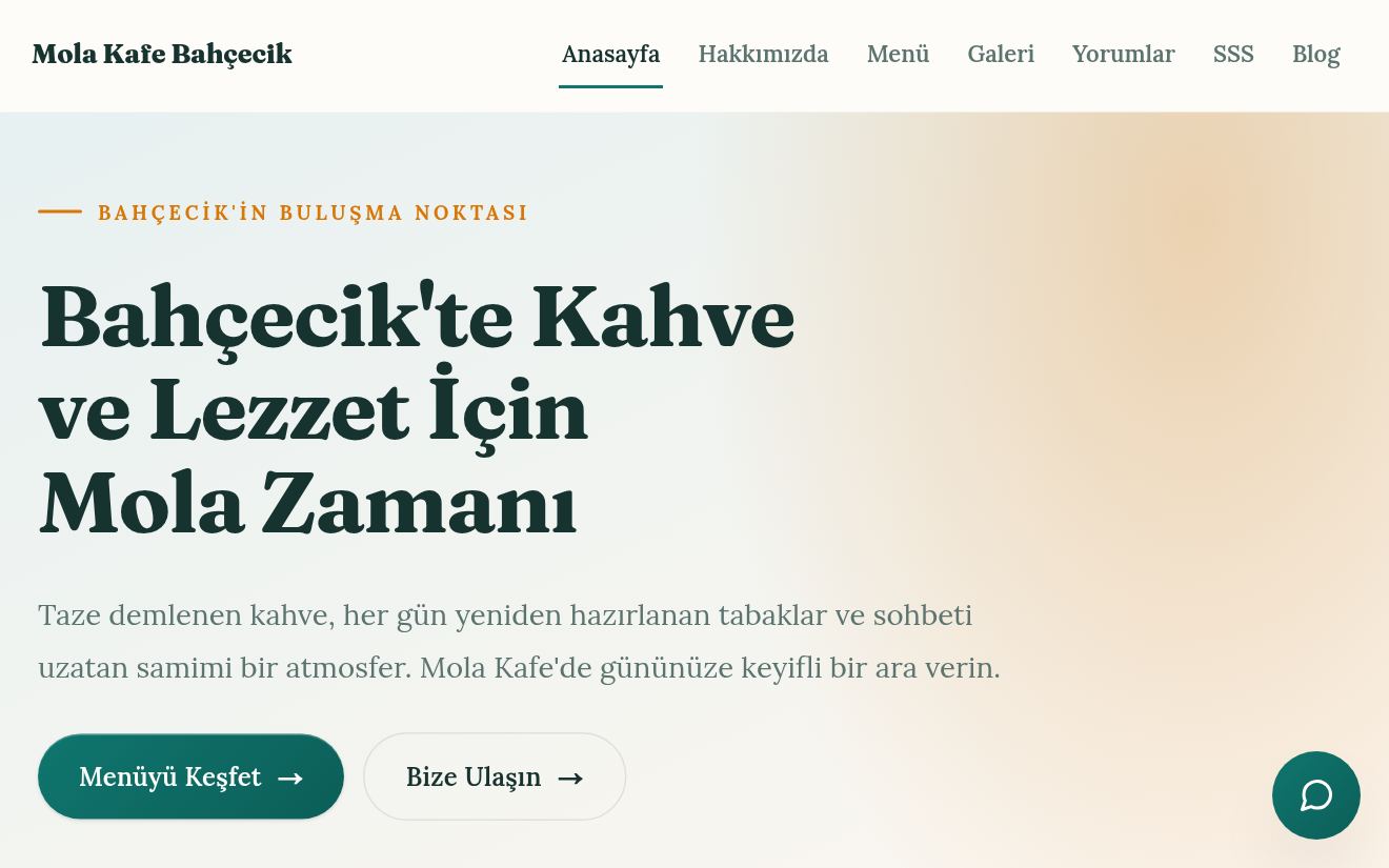 Mola Kafe Bahçecik ana sayfa görünümü — Kafe demosu