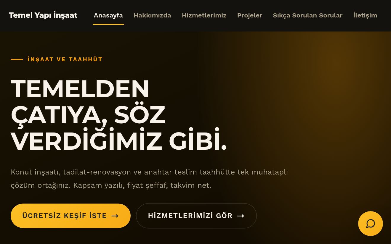 Temel Yapı İnşaat ana sayfa görünümü — İnşaat demosu